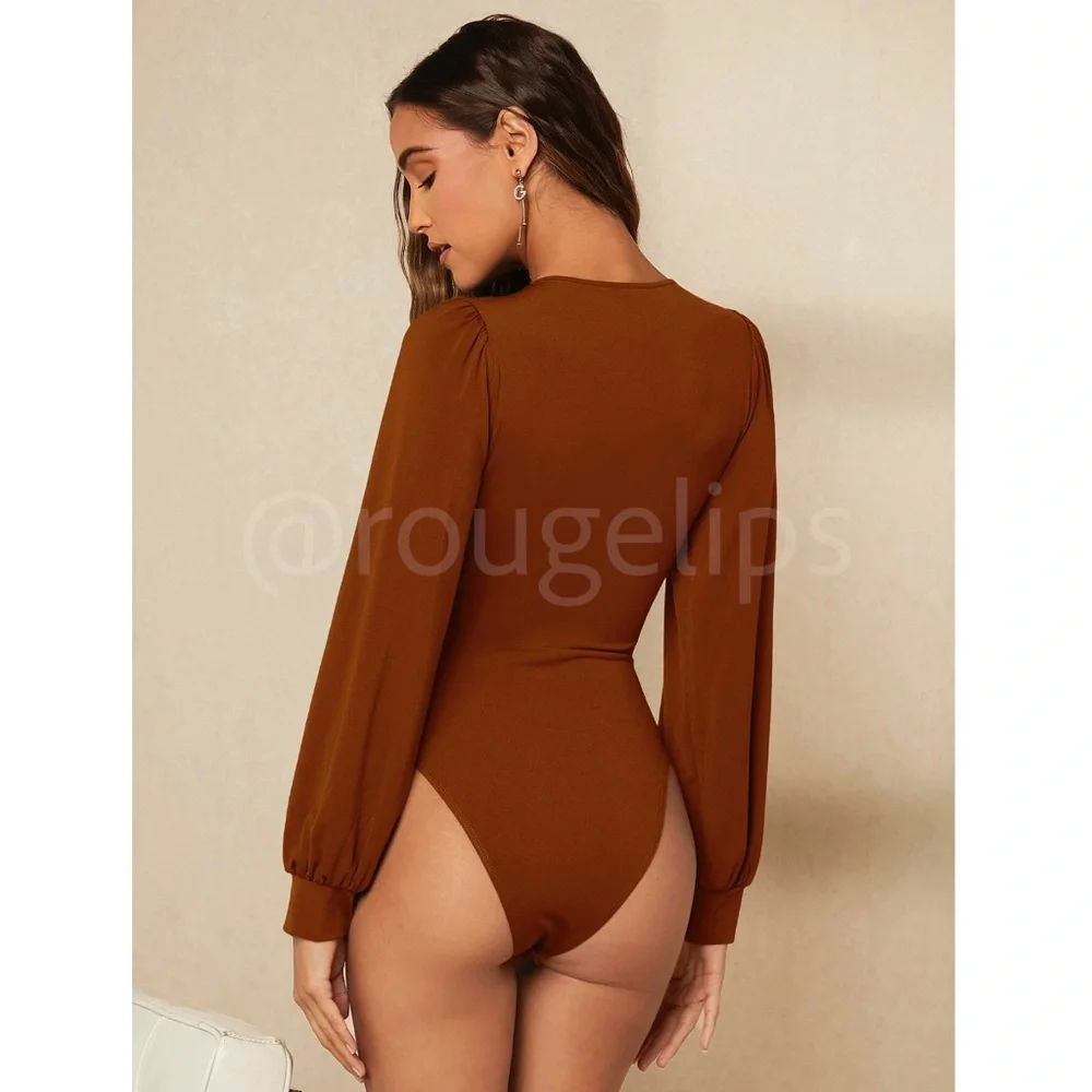 Rusty Brown Elegant V neck Bodysuit Long Bishop Sleeves Stretchy Ruched Waist - Picture 4 of 8